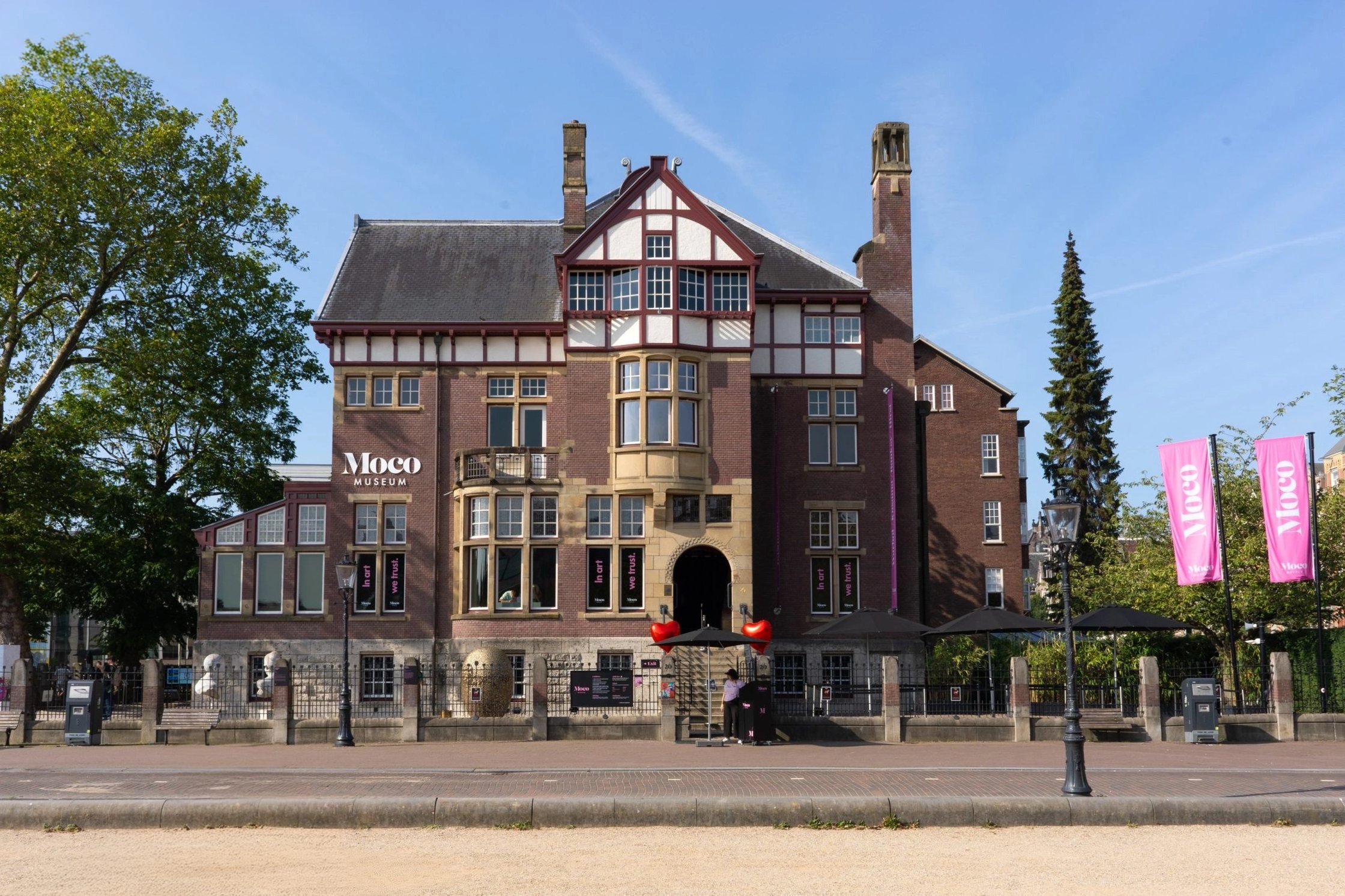 Daytime view of Moco Museum Amsterdam in historic Villa Alsberg on Museumplein.